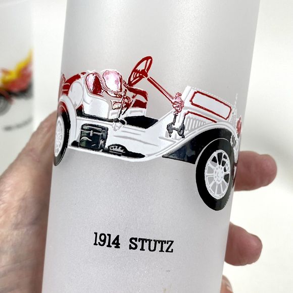 Frosted High Ball Glasses Vintage Barware Hazel Atlas Antique Autos Set of 4 - Picture 7 of 8